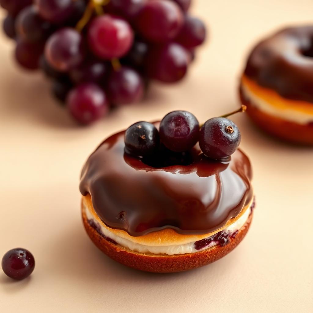 Chocolate glazed donut filled with grape jam, garnished with fresh grapes
