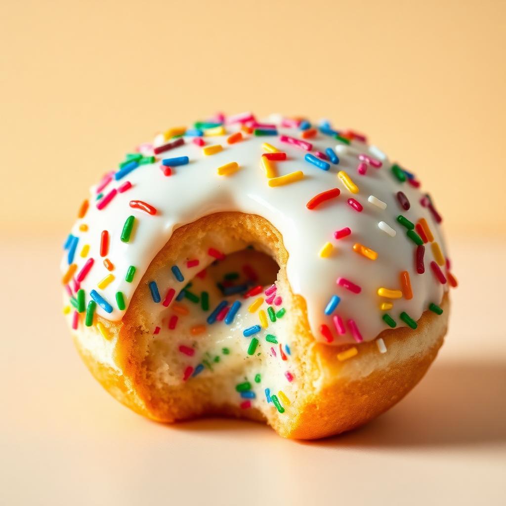 Vanilla glazed donut covered in rainbow sprinkles with birthday cake cream filling